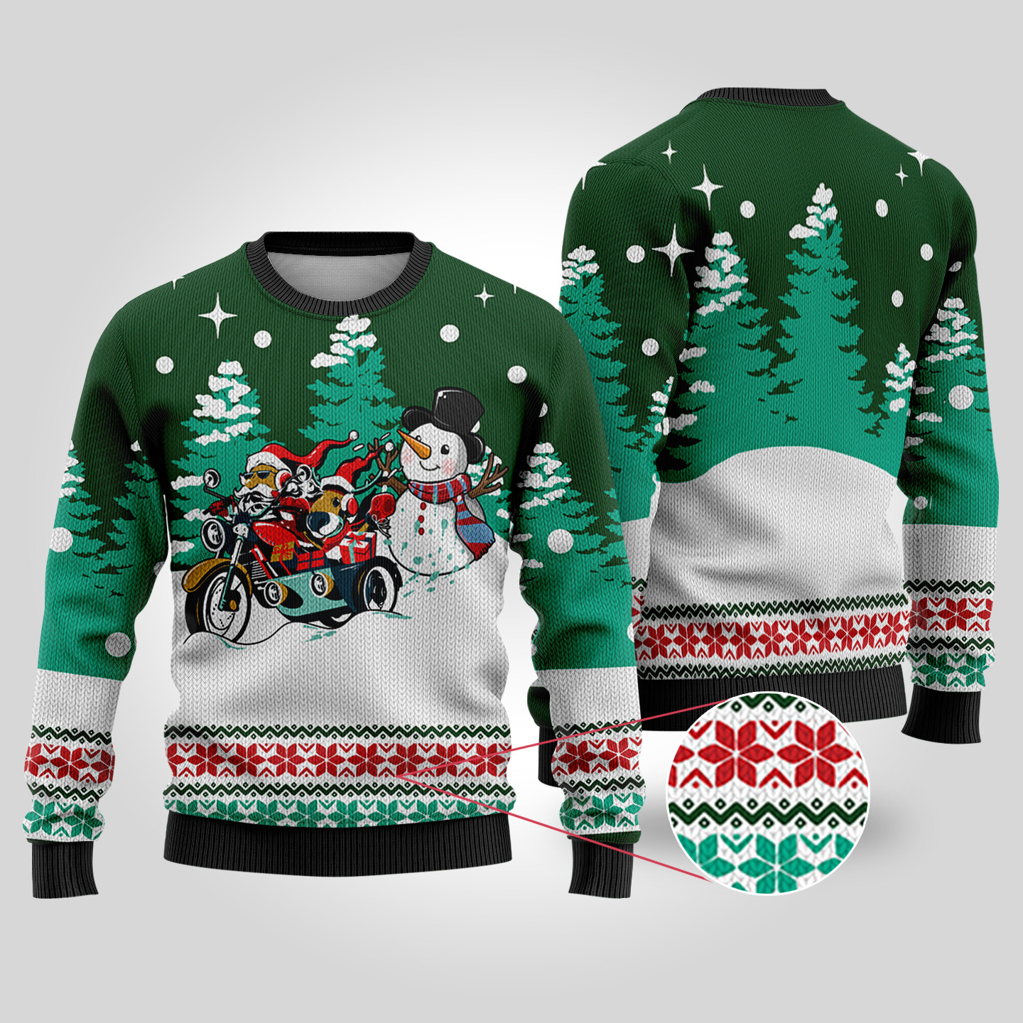 Motorcycle Santa Ugly Christmas Sweater Forest Green Stylish Winter Sweatshirt for Everyday Wear