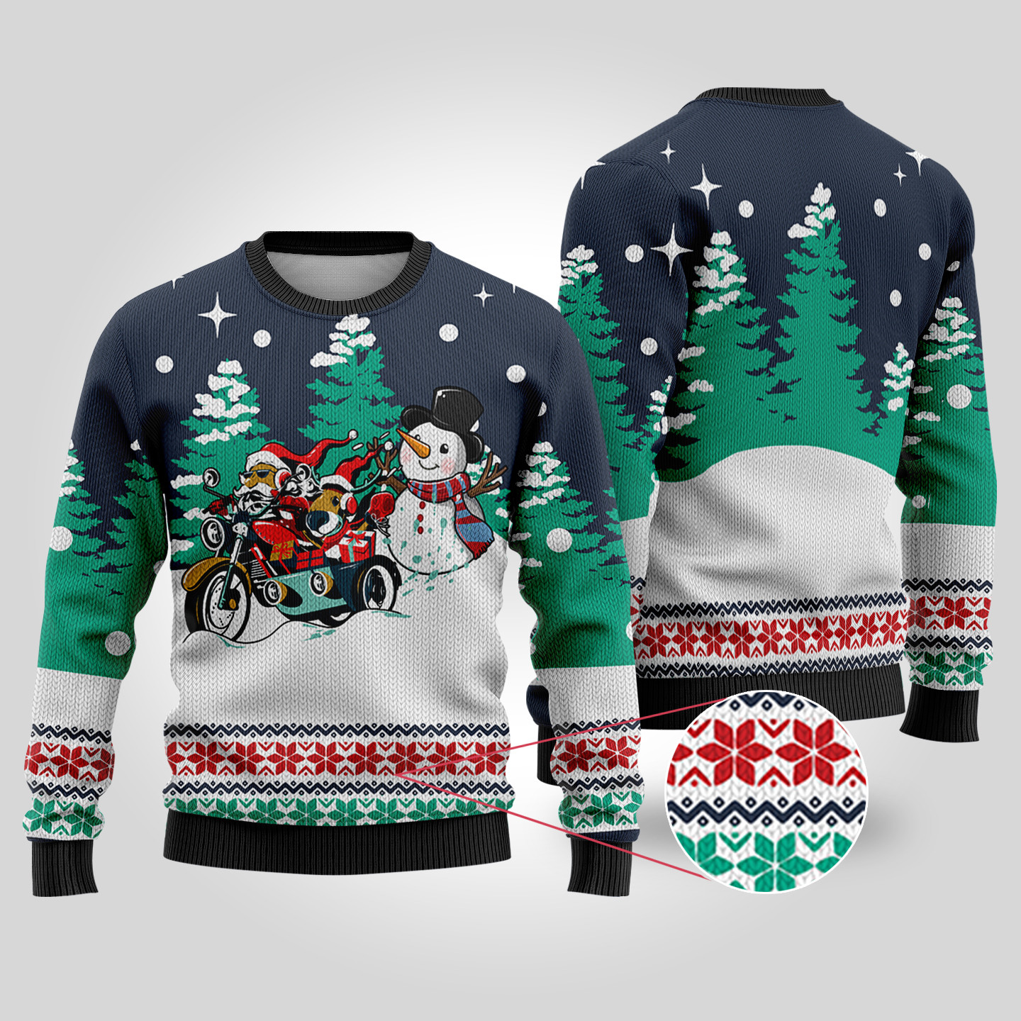 Motorcycle Santa Ugly Christmas Sweater Navy Seasonal Gift Merch for Cozy Christmas Vibes