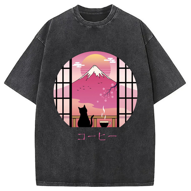 Mount Fuji Black Cat Tea Washed T-Shirt Casual Vintage Everyday Look Gifts For Best Friend Mount Fuji Black Cat Tea Washed T-Shirt Casual Vintage Everyday Look Gifts For Best Friend