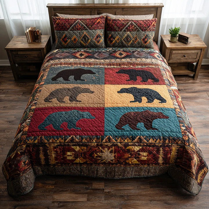 Mountain Bear 3-Piece Quilted Bedding Set Rustic Wildlife Bedspread Best Gift For Bear Lovers Campers