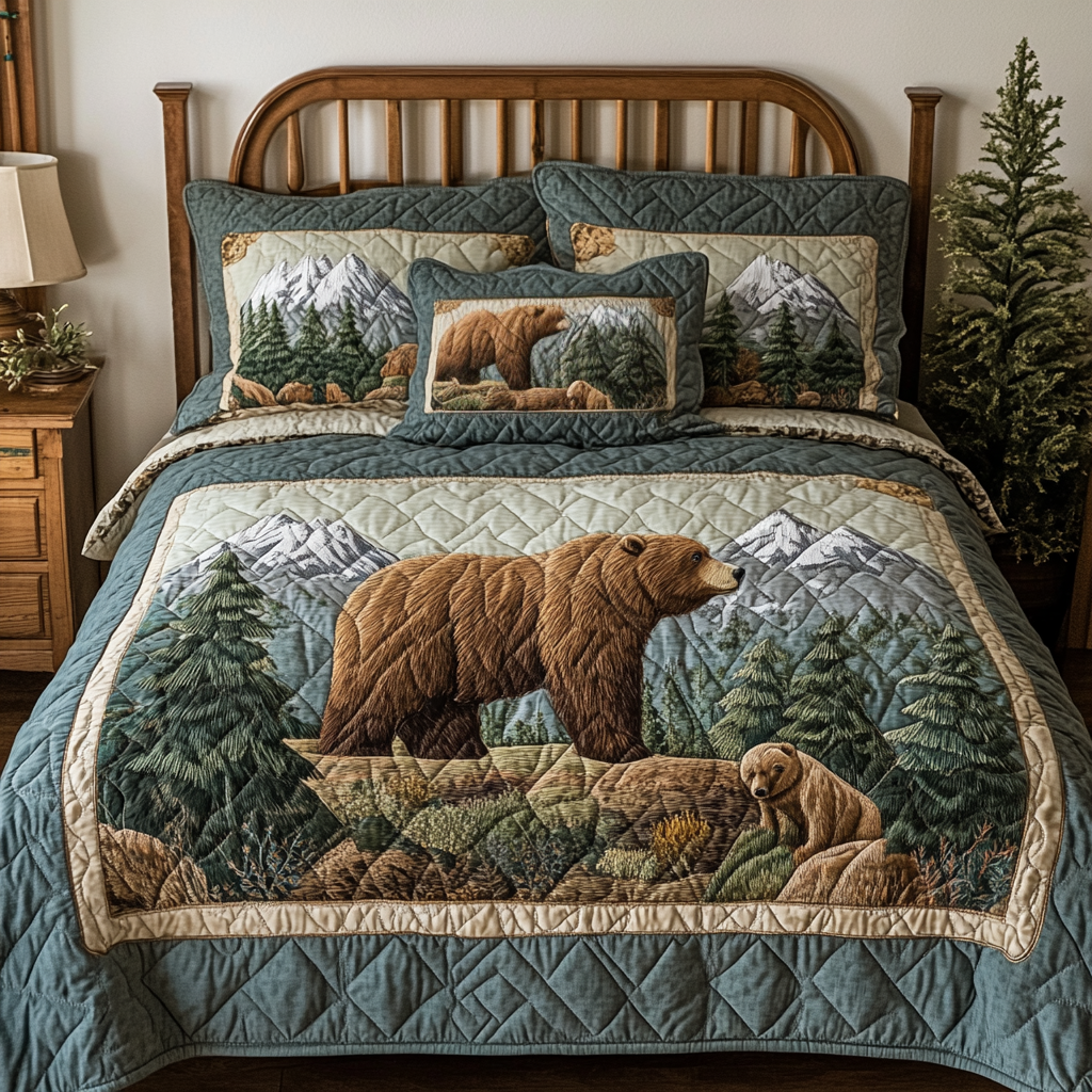 Mountain Bear Quilted Bedding Set Cool Bedroom Decor Nature Lover Gift Ideas