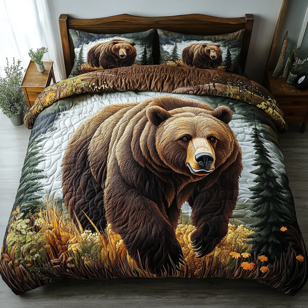 Mountain Bear Quilted Bedding Set Holiday Duvet Cover Set Presents For Wildlife Enthusiasts