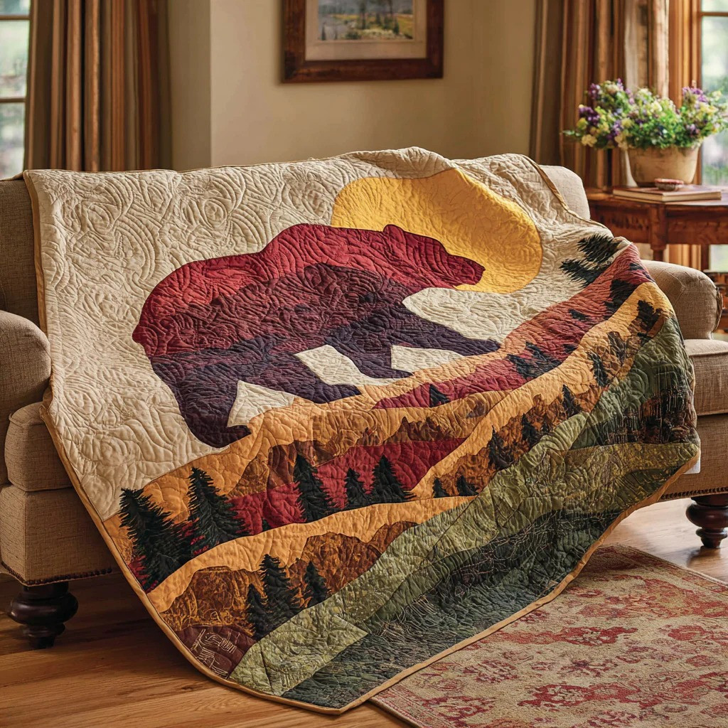 Mountain Bear Sunset Quilted Blanket Rustic Wilderness Gear Best Gift For Nature Lover