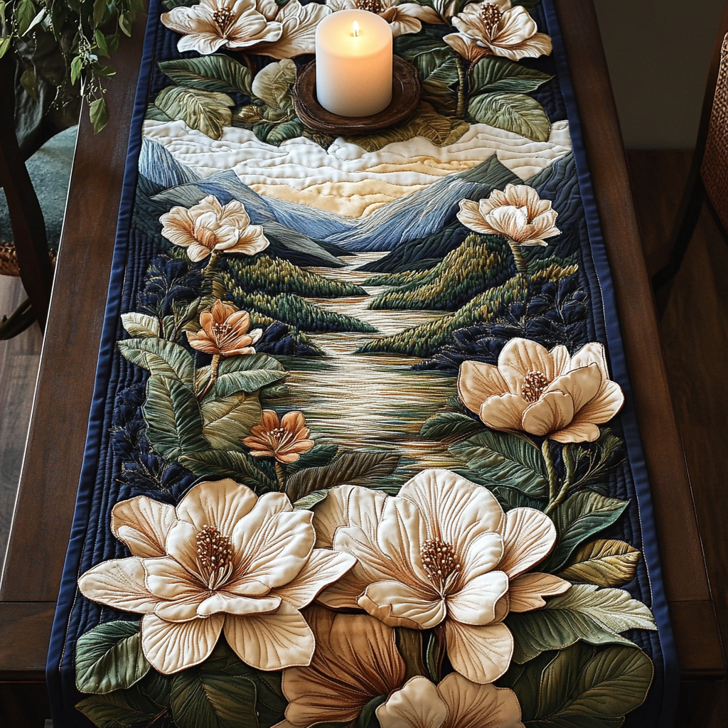 Mountain Bloom Quilted Table Runner Dinner Table Decor Christmas Gifts For Flower Lovers