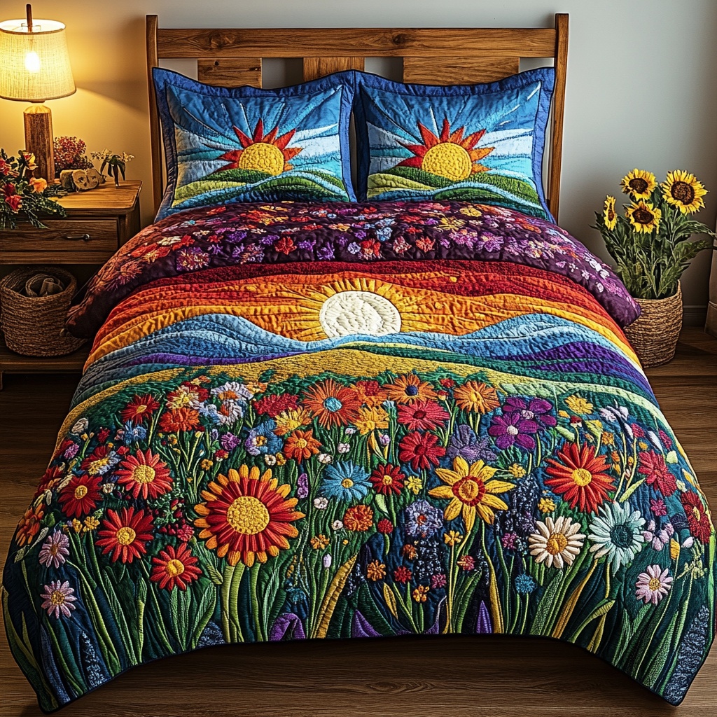 Mountain Blooms Quilted Bedding Set Nature Floral Bedroom Decor Best Gift For Nature Lovers