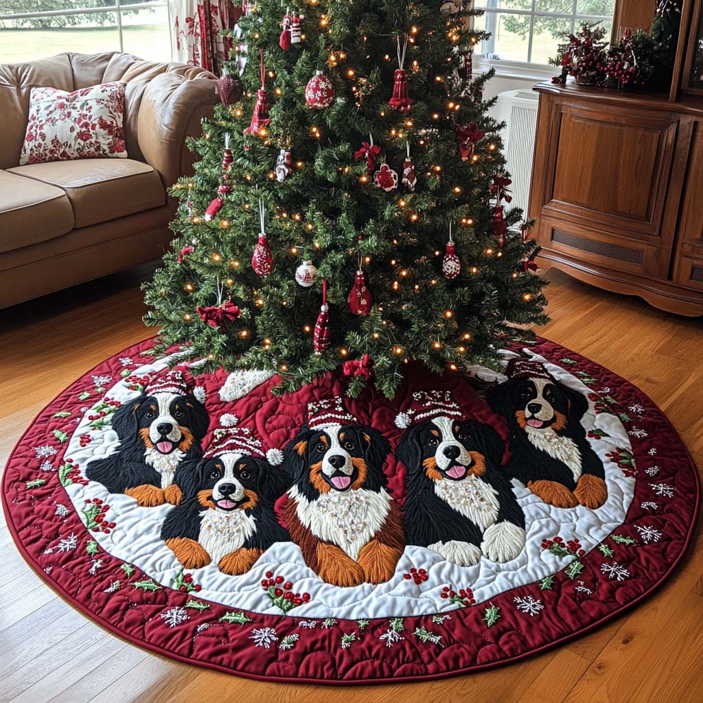 Mountain Christmas Quilted Christmas Tree Skirt Winter Holiday Decor Perfect Gift For Dog Lovers
