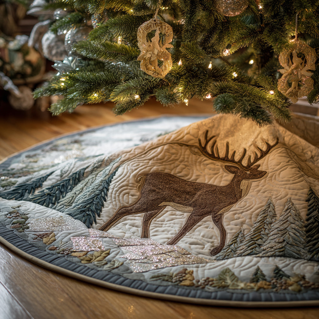 Mountain Deer Quilted Christmas Tree Skirt Xmas Tree Decor Reindeer Christmas Presents