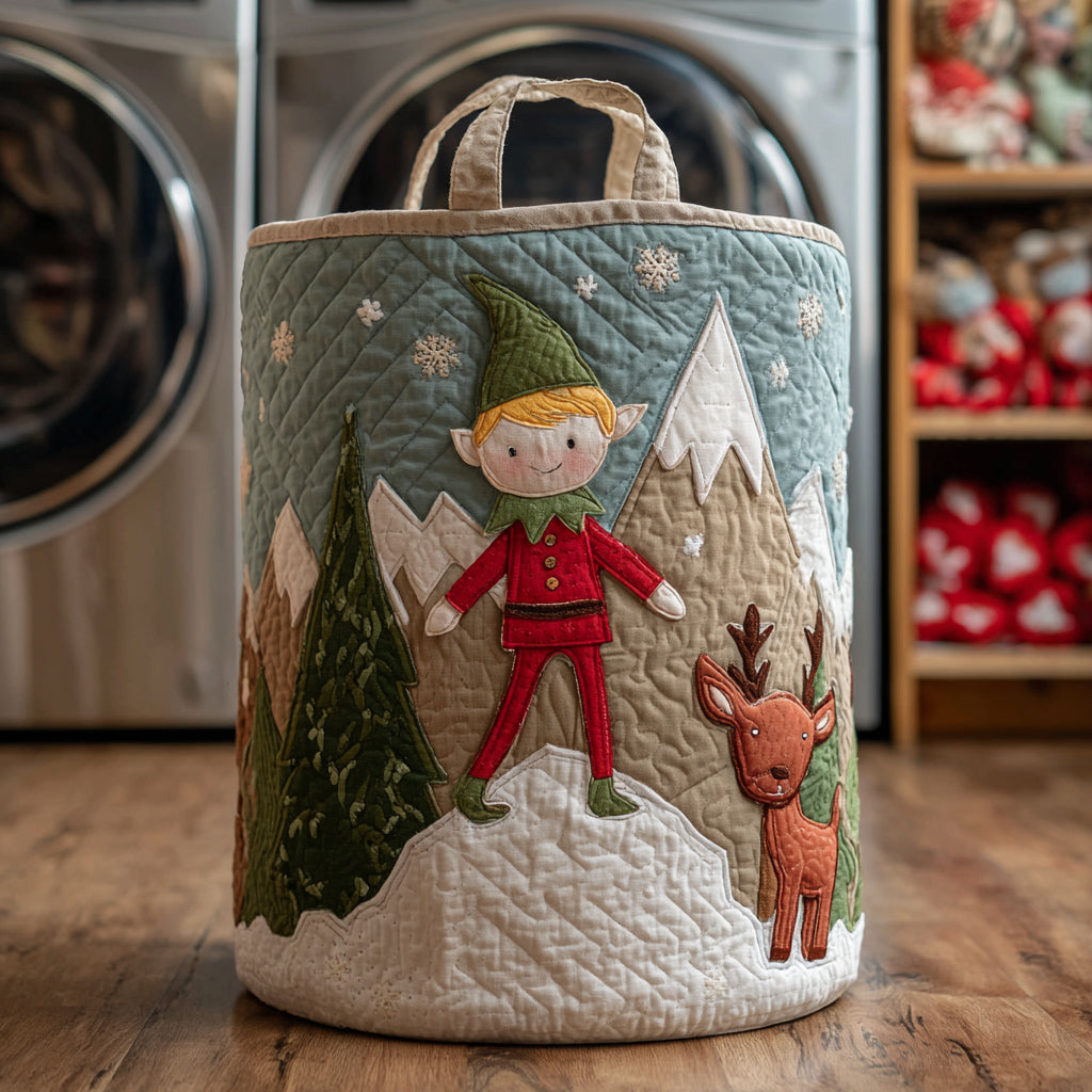 Mountain Elf Adventure Quilted Laundry Basket Compact Quilted Laundry Hamper for Small Spaces