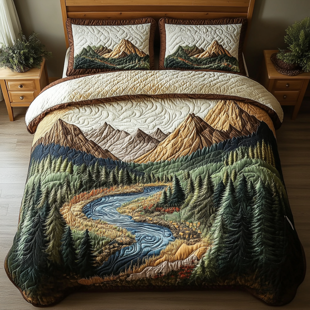 Mountain Flow Quilted Bedding Set Aesthetic Room Decor Great Camping Lover Gifts
