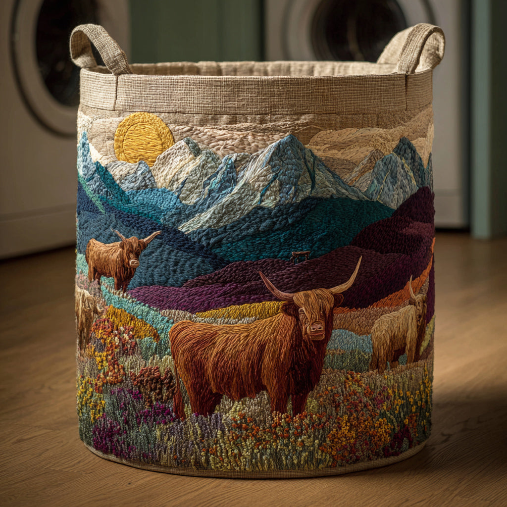 Mountain Highland Cow Quilted Laundry Basket Practical Home Storage Gift with Quilted Design