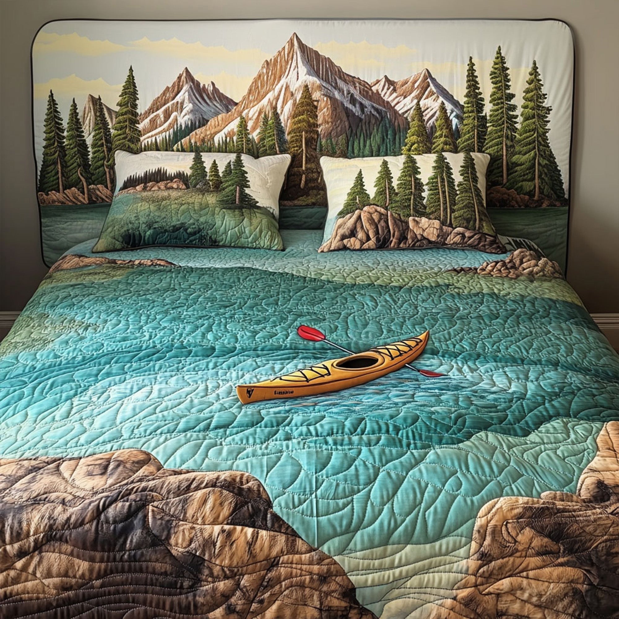 Mountain Kayak Quilted Bedding Set Cute Room Decor Items Stuff For Fishing Lovers