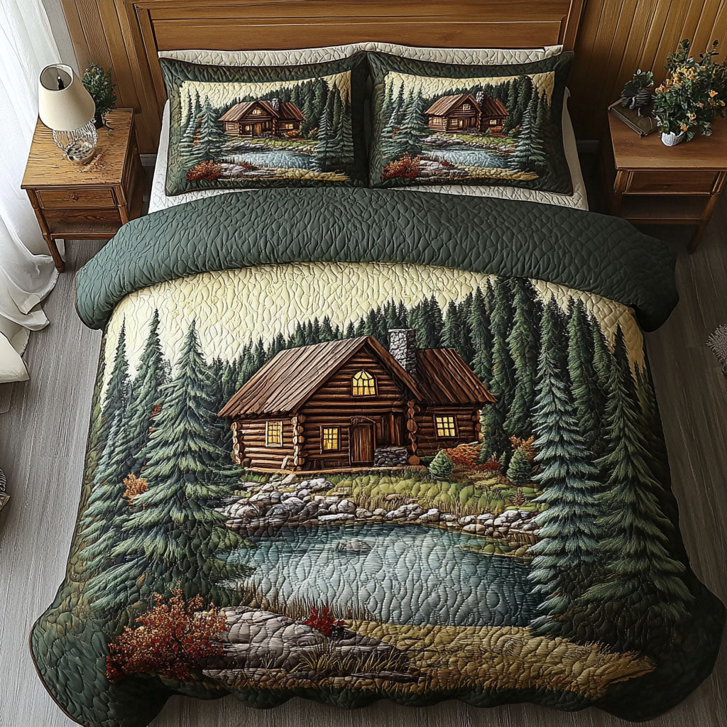 Mountain Log Cabin Quilted Bedding Set Twin Comforter Sets Rustic Gift For Mom