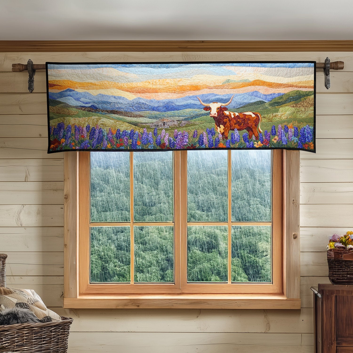 Mountain Longhorn Quilted Valance Christmas Entryway Decor Sunflower Presents Merchandise