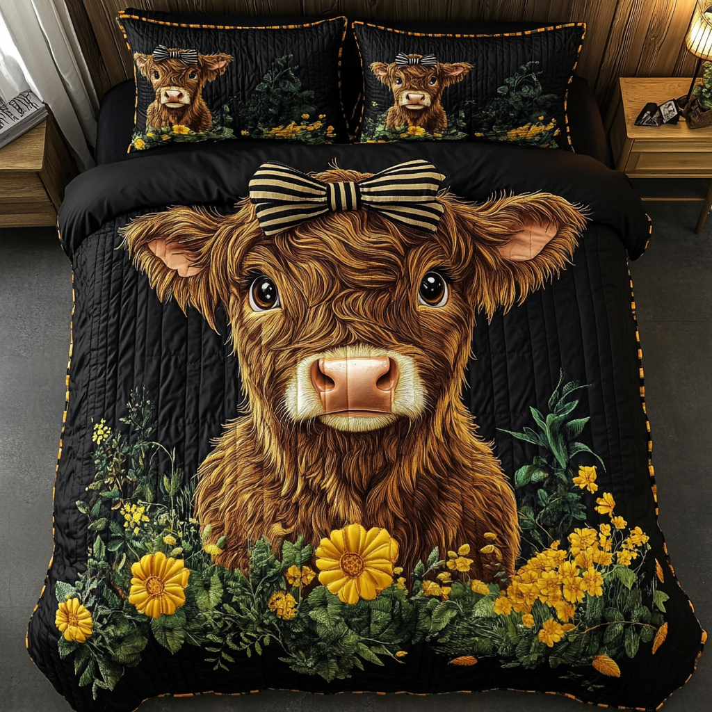 Mountain Soul Quilted Bedding Set Cozy Bedroom Decor Highland Cow Gift Ideas