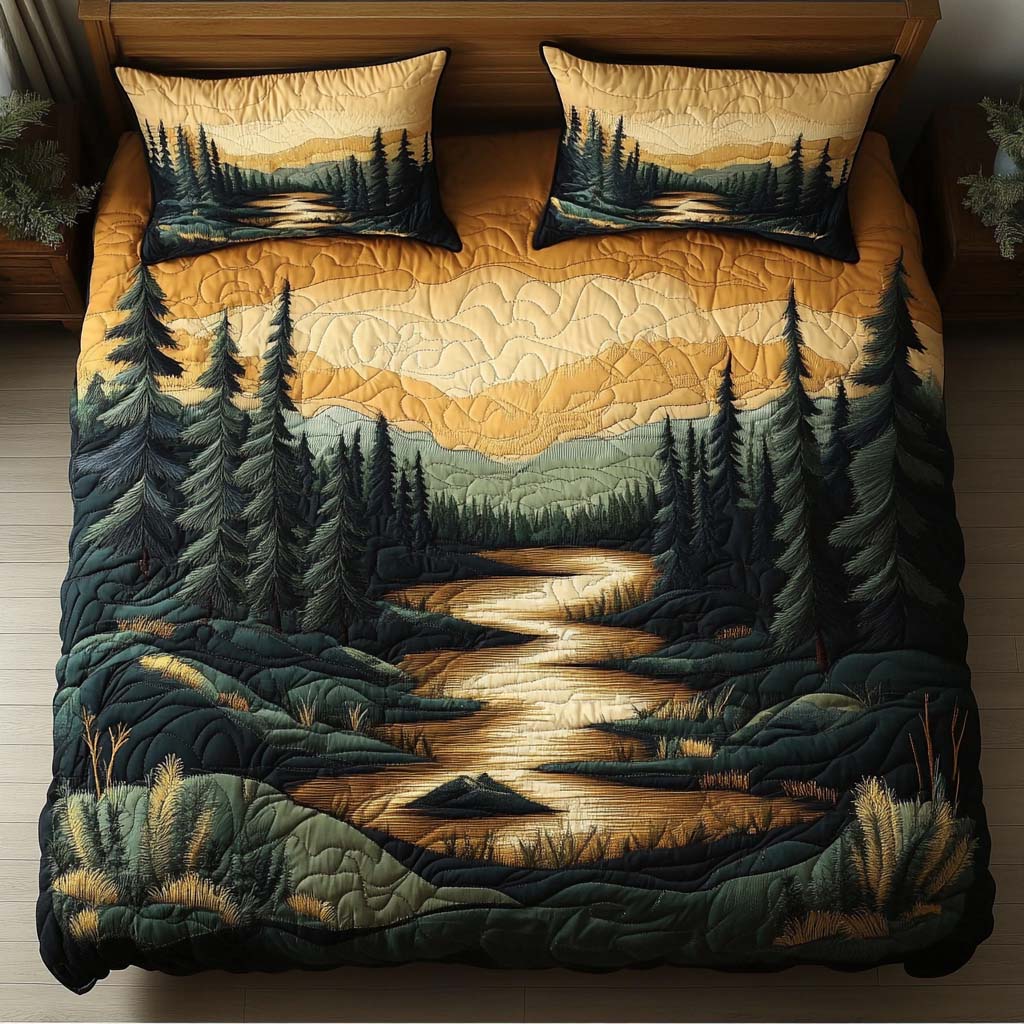 Mountain Stillness Quilted Bedding Set Cool Bedroom Decor Unique Gifts For Nature Lovers