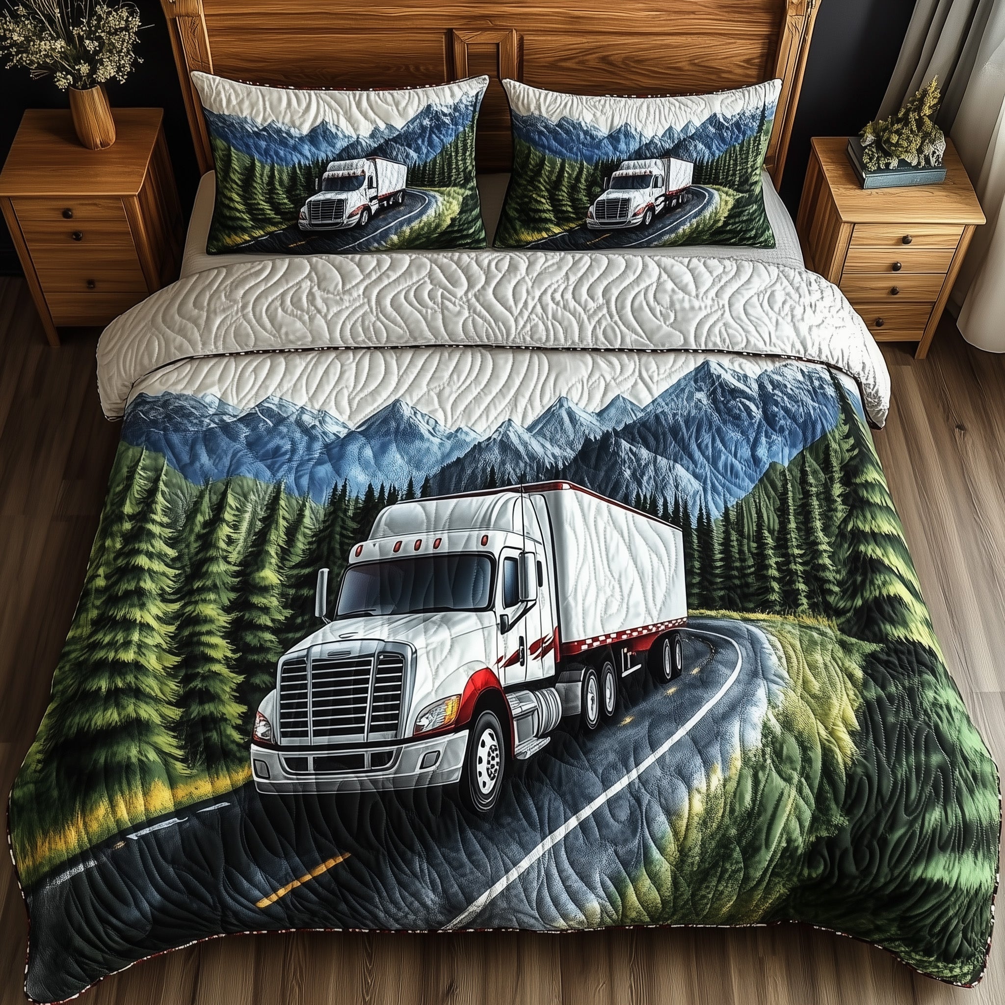 Mountain Truck Journey Quilted Bedding Set Duvet Cover Bedspread Christmas Gifts For Tractor Famers