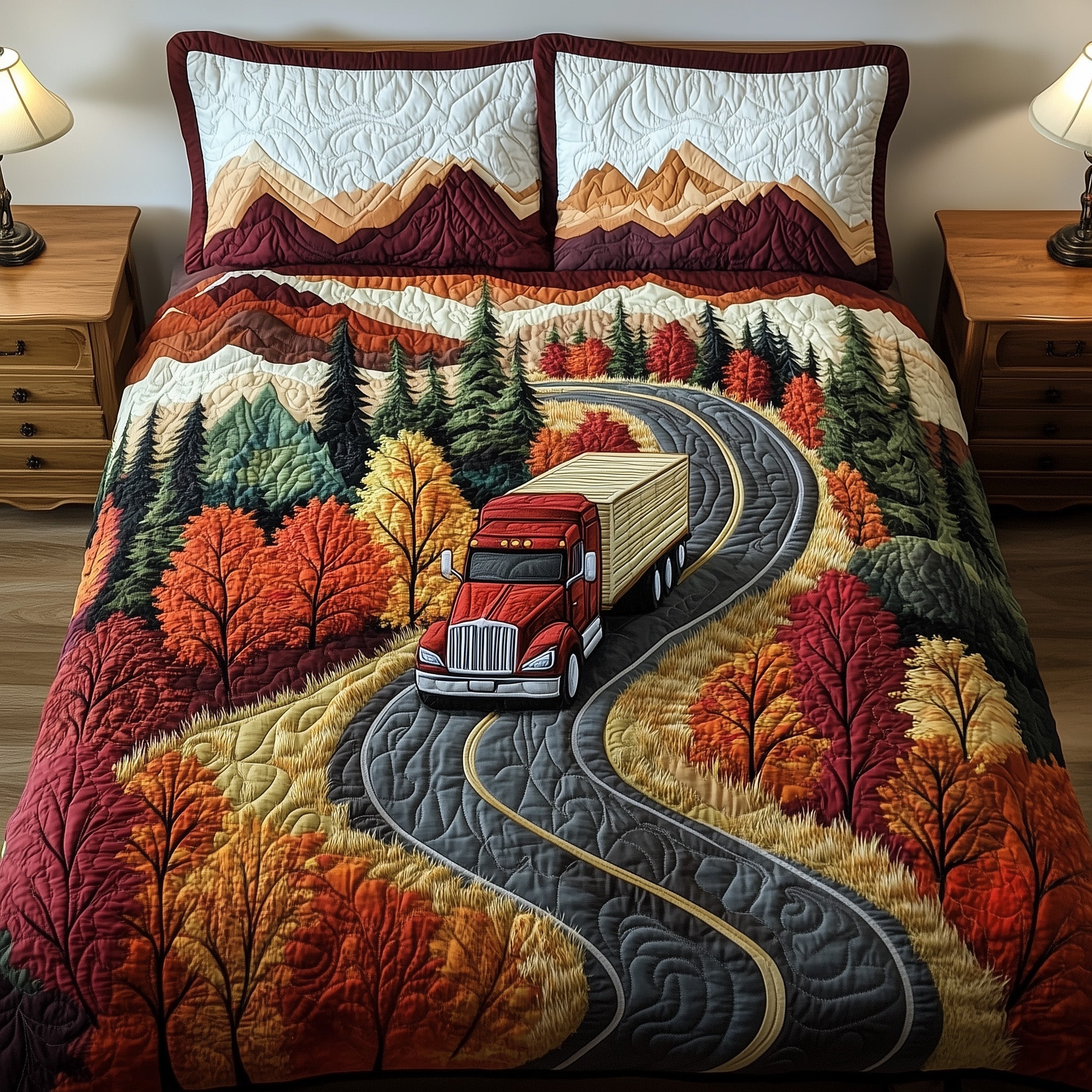 Mountain Truck Journey Quilted Bedding Set Duvet Cover Bedspread Gifts For Tractor Drivers