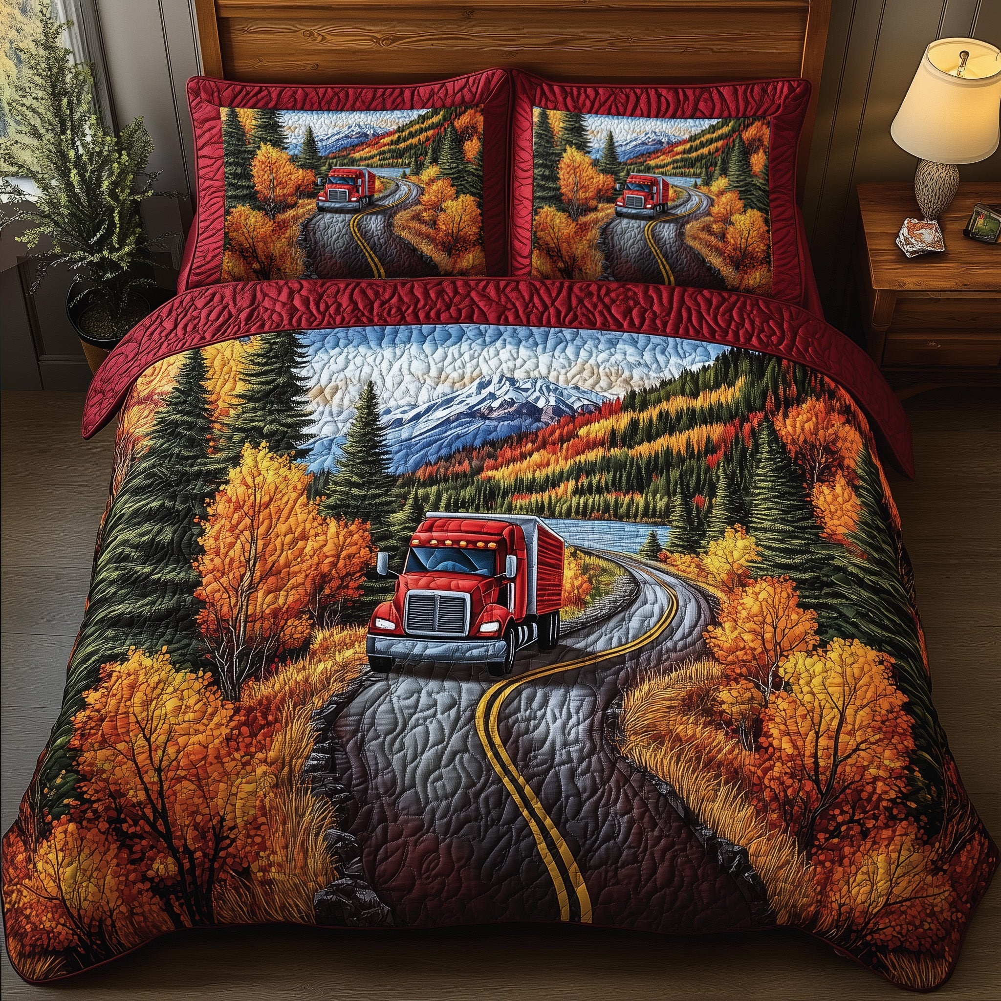 Mountain Truck Journey Quilted Bedding Set Duvet Cover Bedspread Tractor Gifts Christmas Ideas