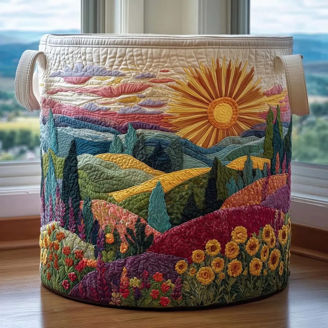 Mountain Valley Sunrise Wildflower Quilted Laundry Basket Nature Home Decor Gift For Outdoor Lovers
