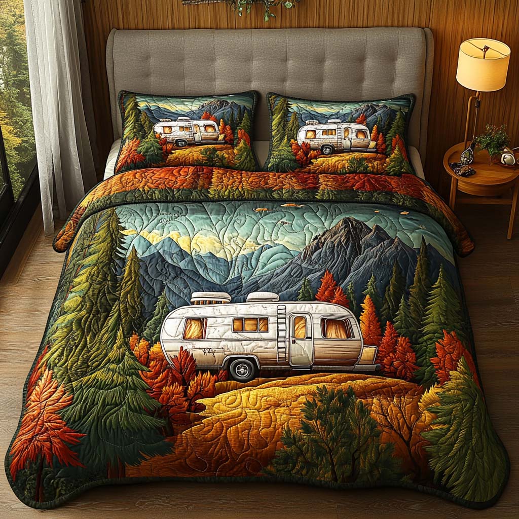 Mountain View Camper Quilted Bedding Set Autumn Themed Bed Sheets Gifts For Somone Who Loves Camping