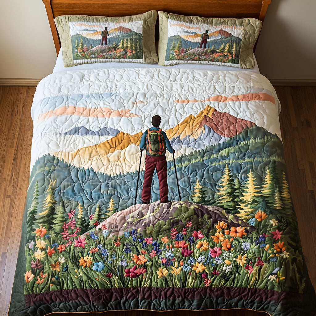 Mountain View Trek Quilted Bedding Set Bed Decorations Unique Gifts For Hikers
