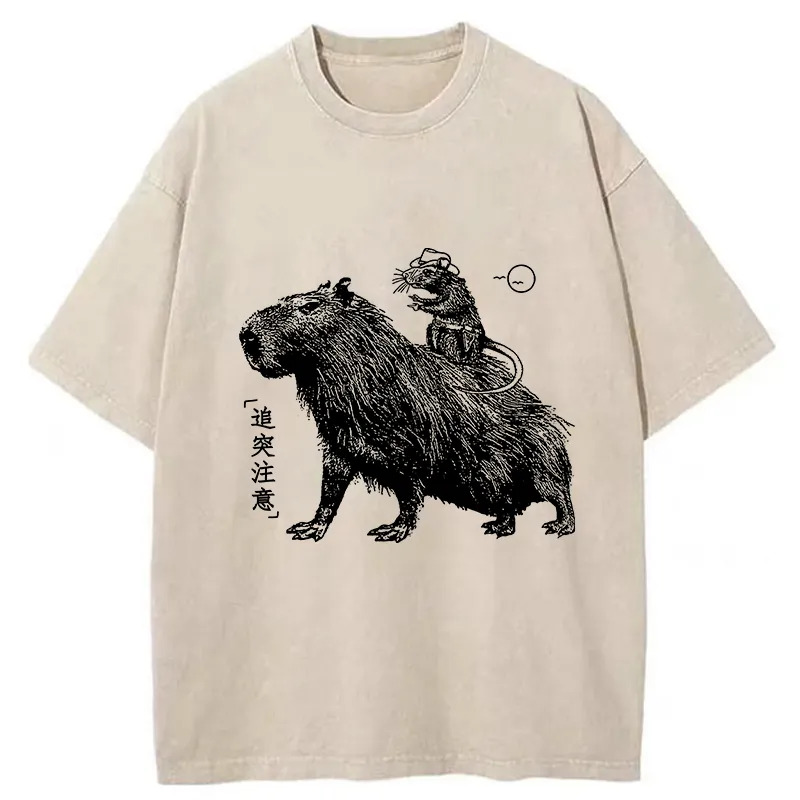 Mouse Riding A Capybara Washed T-Shirt Unisex Streetwear Graphic Style Gifts For Brother Mouse Riding A Capybara Washed T-Shirt Unisex Streetwear Graphic Style Gifts For Brother