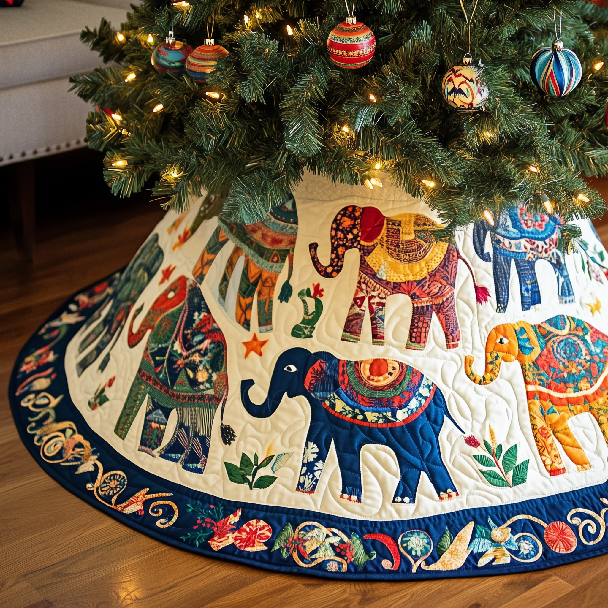 Multicolor Elephant Christmas Tree Skirt Quilted Handmade Holiday Gift for Festive Home