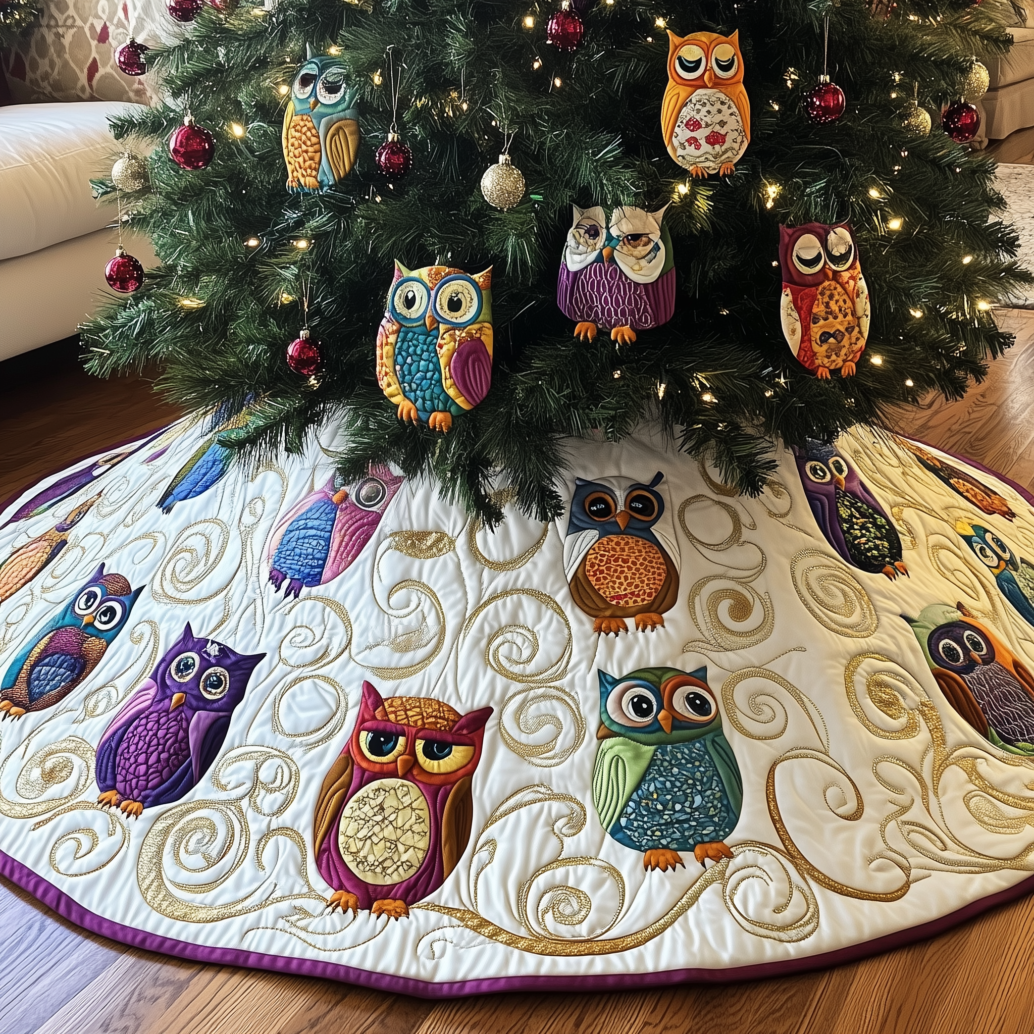 Multicolor Owl Target Tree Skirt Quilted Handmade Holiday Gift for Playful Festive Home Style