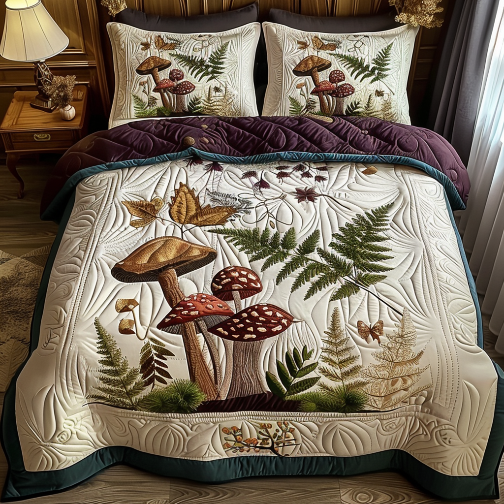 Mushroom and Foliage Quilted Bedding Set Forest Bedroom Decor Christmas Present Ideas For Grandchildren