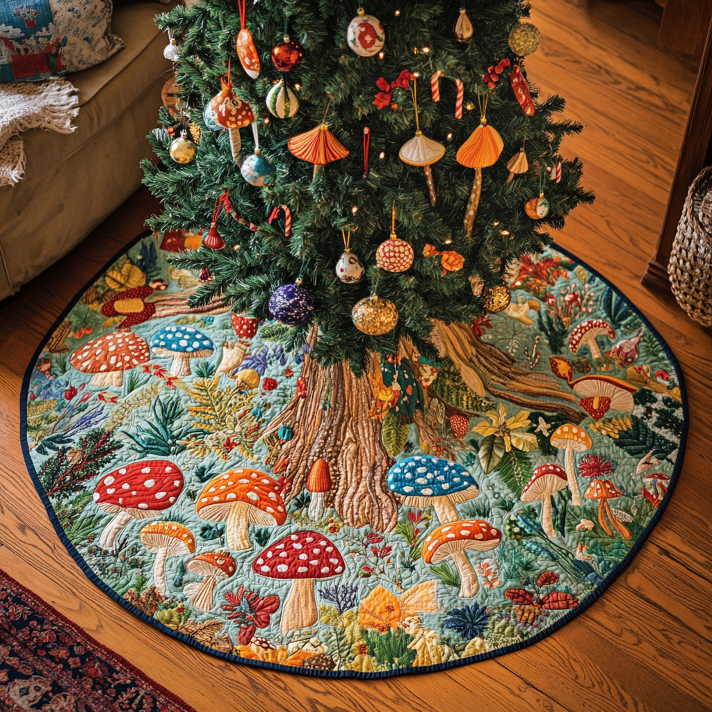 Mushroom Dream Christmas Quilted Tree Skirt Festive Quilted Tree Skirt with Elegant Design