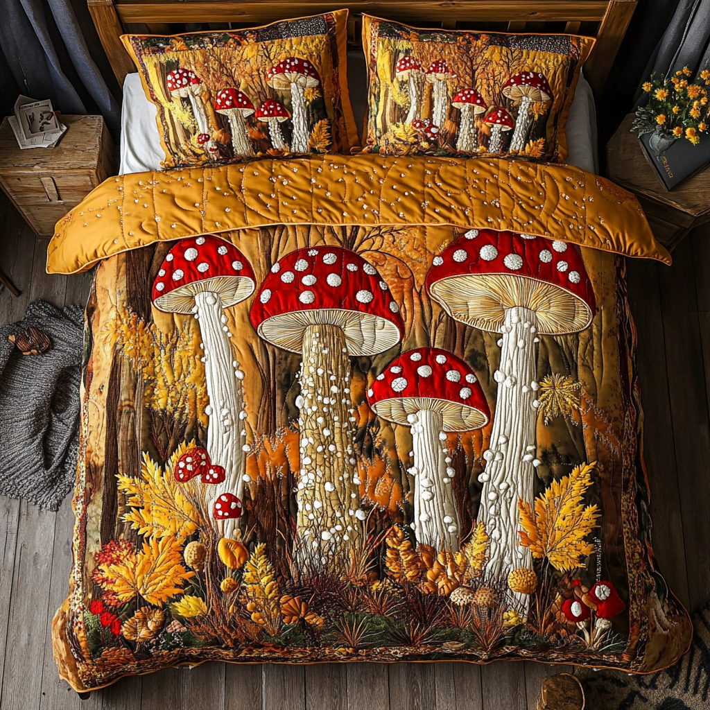 Mushroom Dream Quilted Bedding Set Autumn Bed Sheet Set Cool Mushroom Gifts