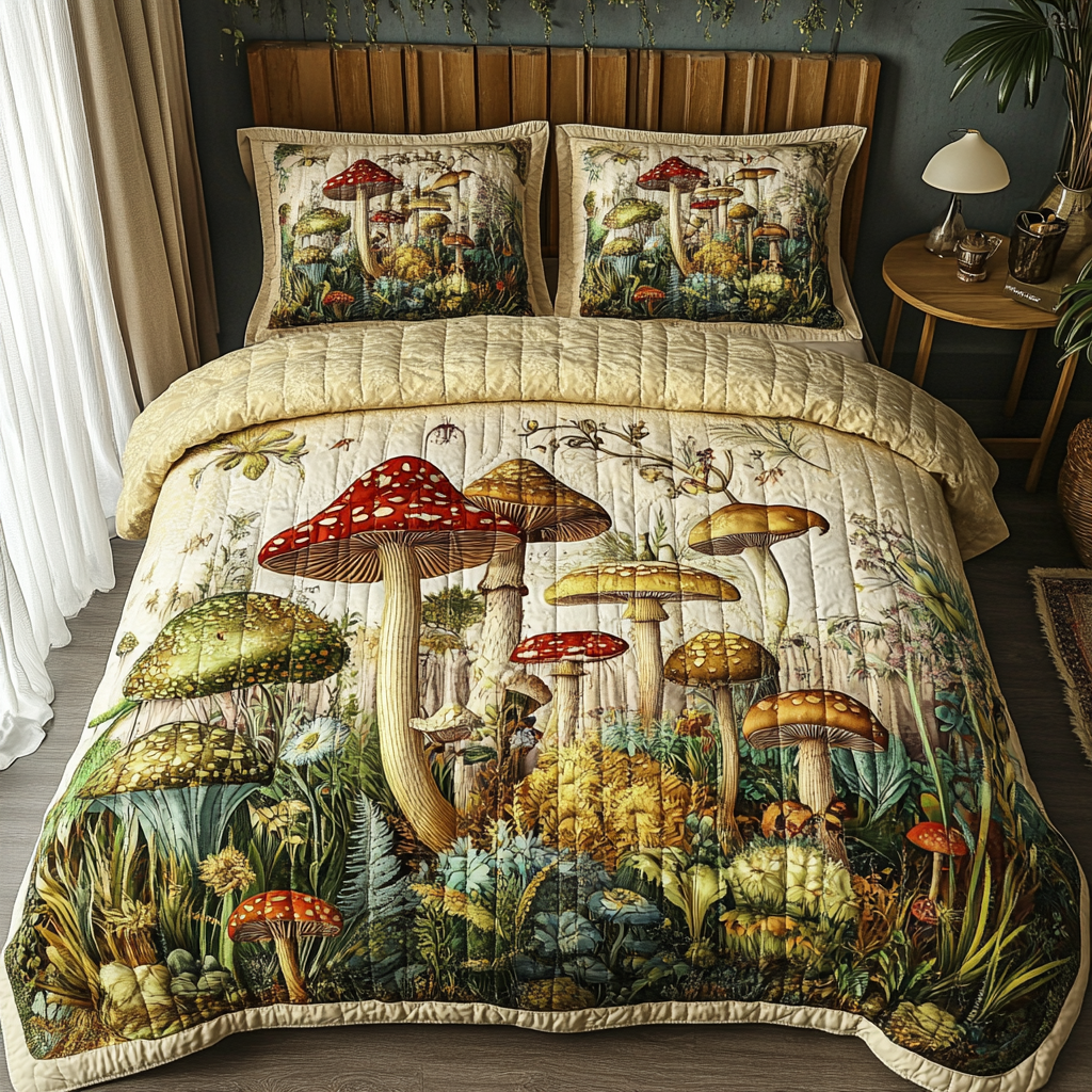 Mushroom Dreams Quilted Bedding Set Cozy Bedding Merch Gift That Brings Sweet Dreams