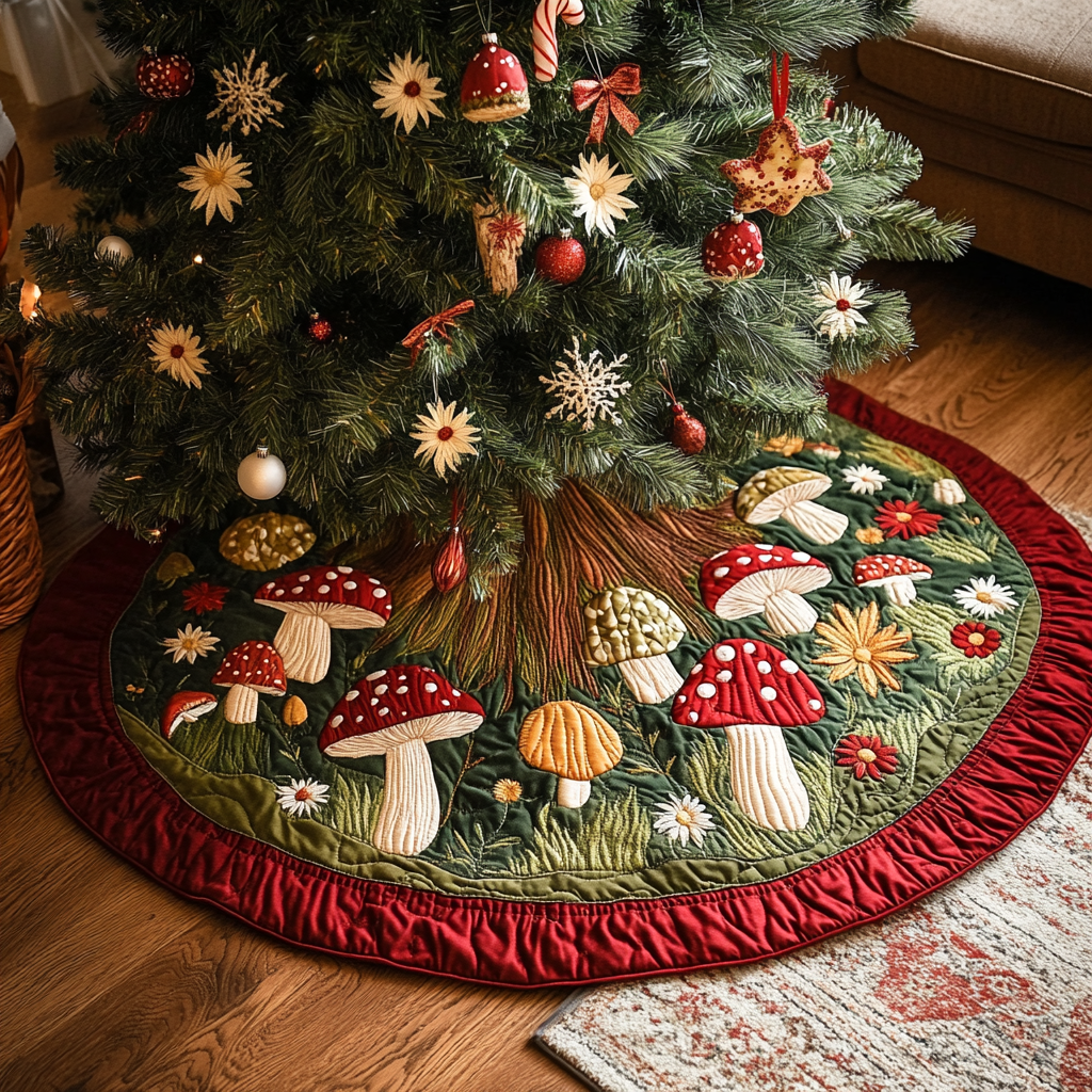 Mushroom Field Christmas Quilted Tree Skirt Luxury Quilted Tree Skirt Gift for Elegant Interiors
