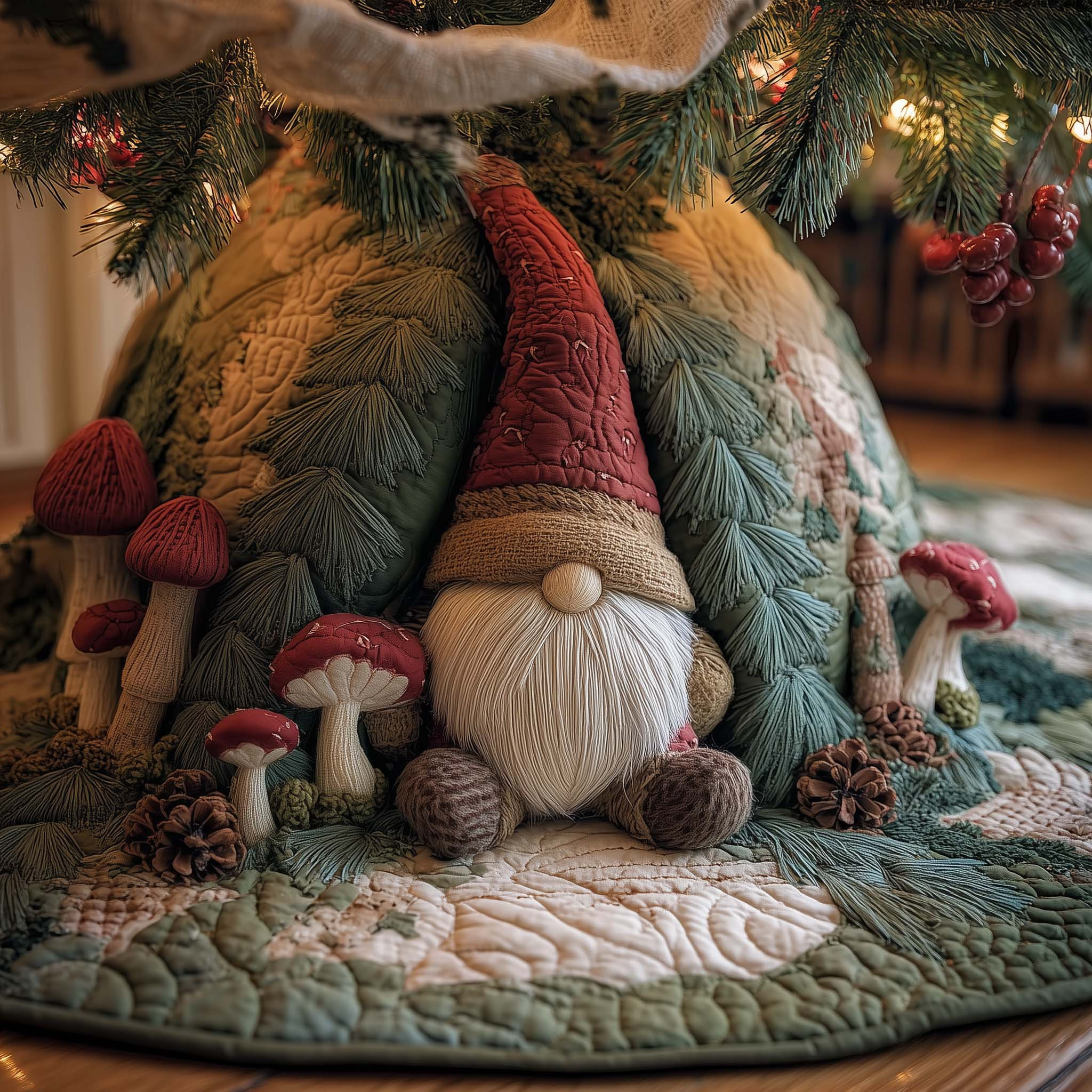 Mushroom Forest Gnome Quilted Tree Skirt Nature Themed Christmas Gift Ideas