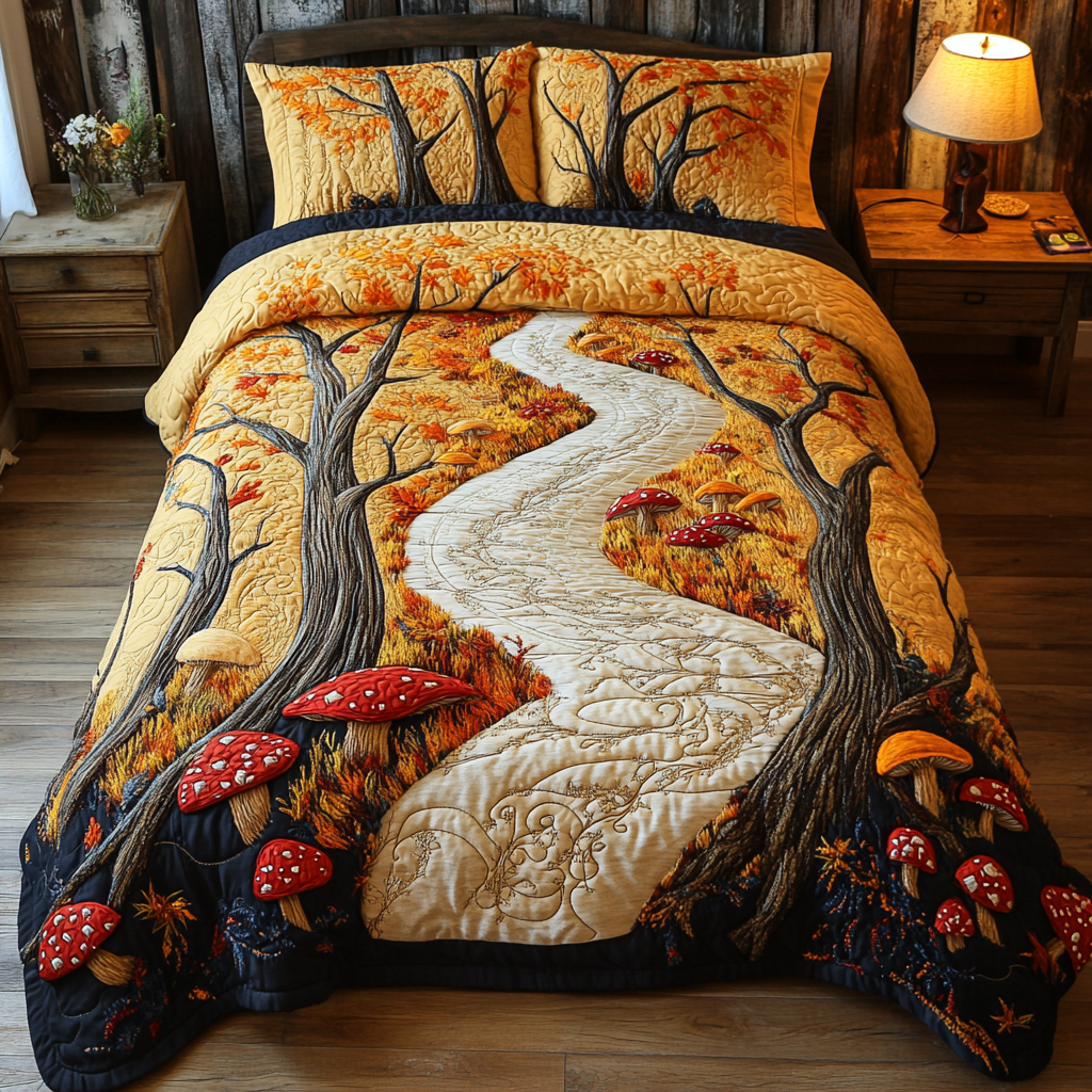 Mushroom Forest Quilted Bedding Set Autumn Themed Bed Sheets Gifts For Mushroom Growers
