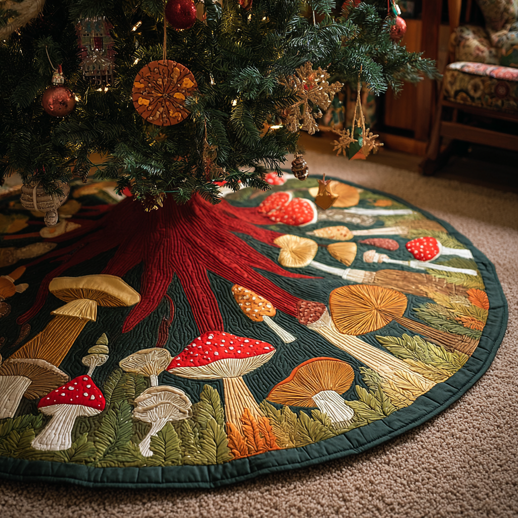 Mushroom Garden Christmas Quilted Tree Skirt Perfect Holiday Gift for Tree Skirt Lovers