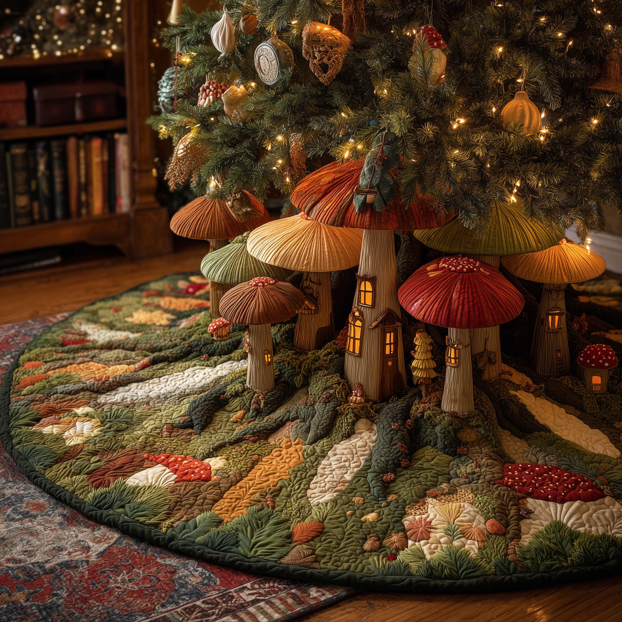 Mushroom Garden Quilted Tree Skirt Trending Home Decor 2025 Xmas Gifts For Mushroom Lovers