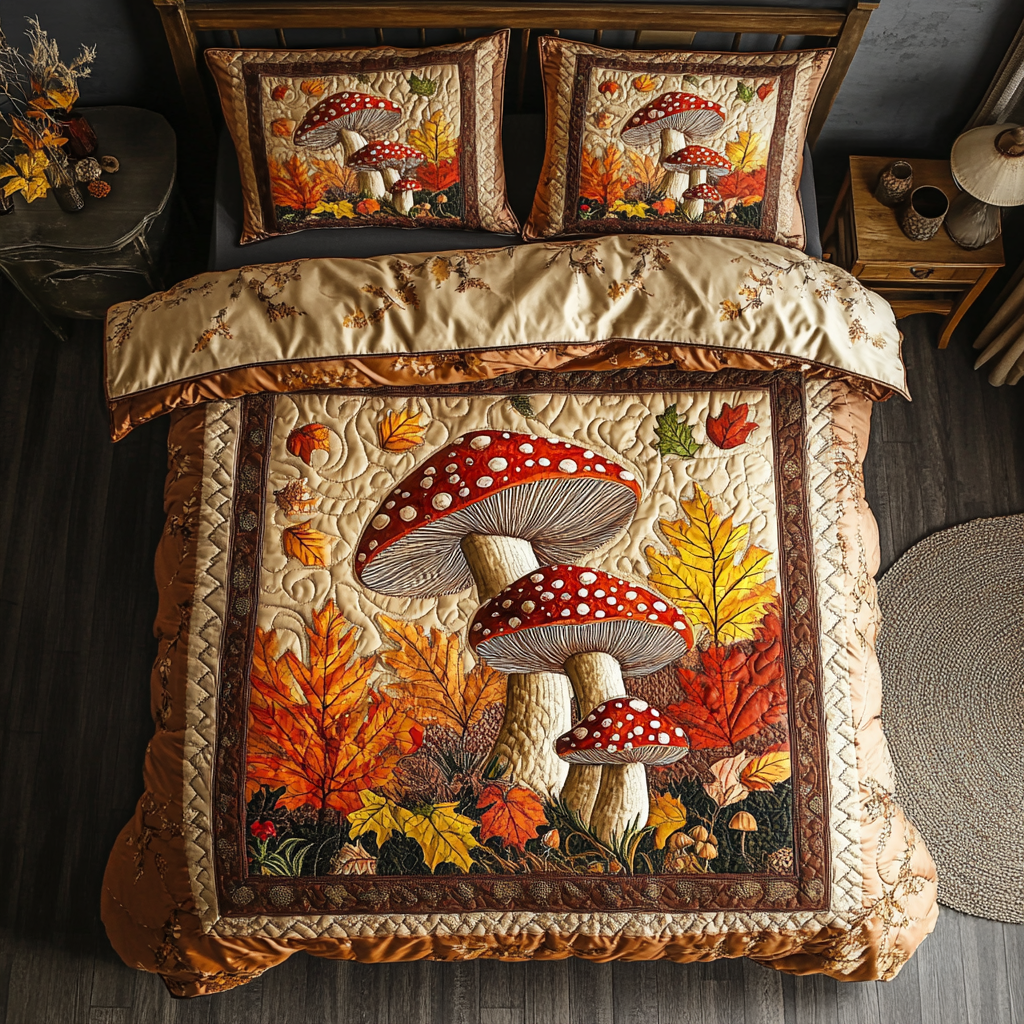 Mushroom Glow Quilted Bedding Set Holiday Duvet Cover Set Presents For Mushroom Lovers