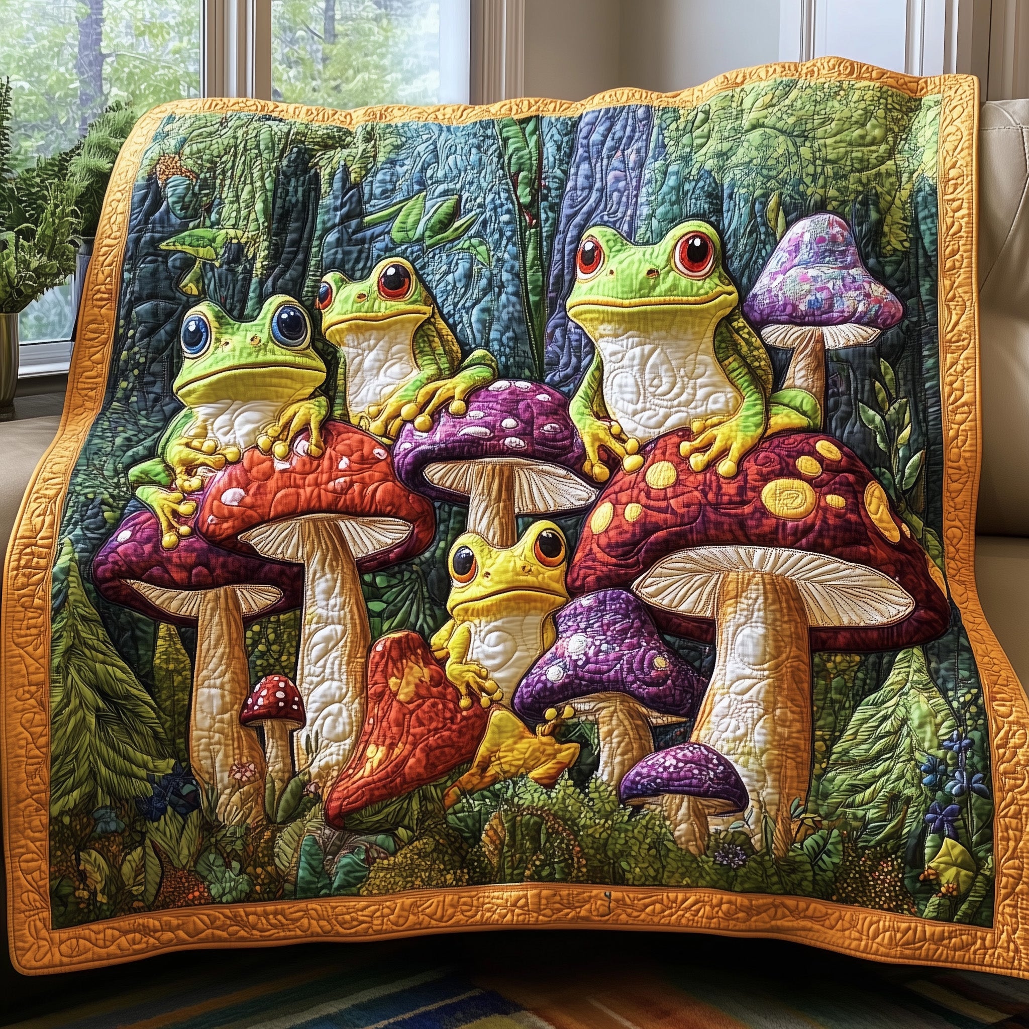 Mushroom Grove Guardian Quilted Blanket Cute Cozy BlanketCute Frog Gift Items