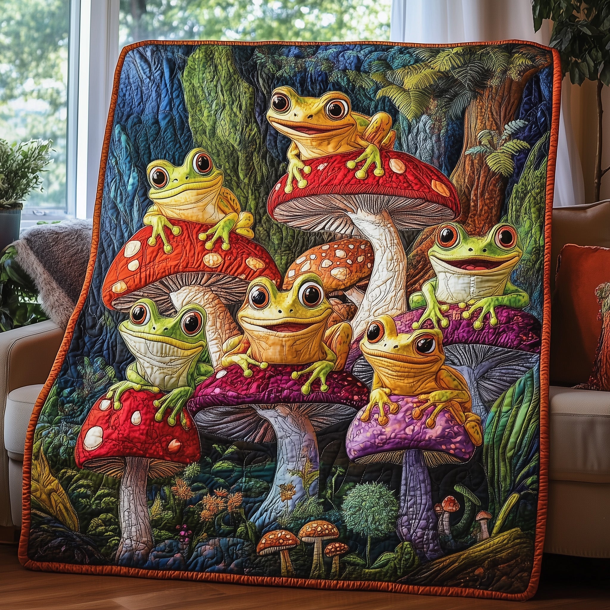 Mushroom Grove Guardian Quilted Blanket Cute Cozy BlanketCute Frog Gifts Merchandise