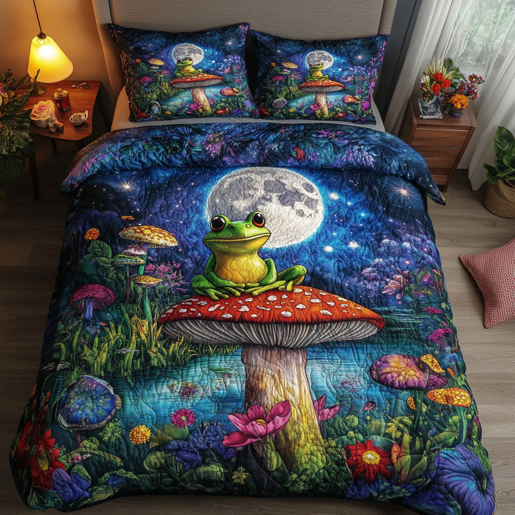 Mushroom Grove Quilted Bedding Set Cute Room Decor Frog Gifts For Him