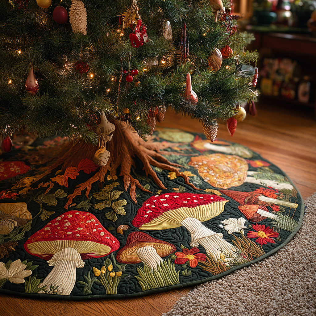 Mushroom Haven Christmas Quilted Tree Skirt Beautiful Quilted Tree Skirt for Christmas Decoration