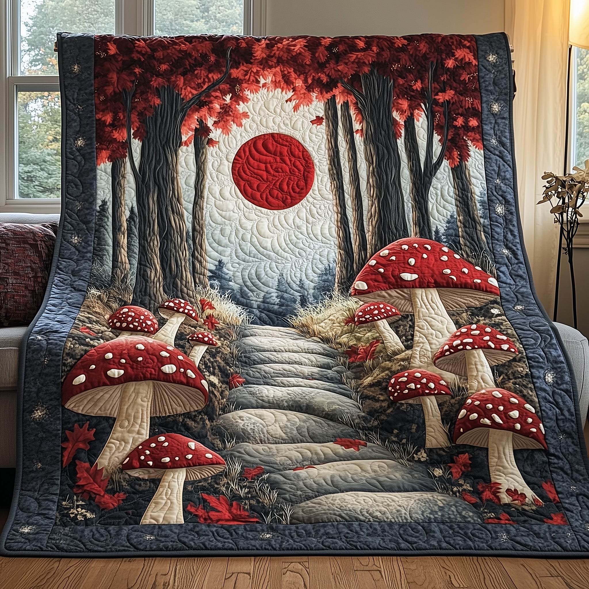 Mushroom Kingdom at Midnight Quilted Blanket Cute Cozy BlanketMushroom Gifts For Her