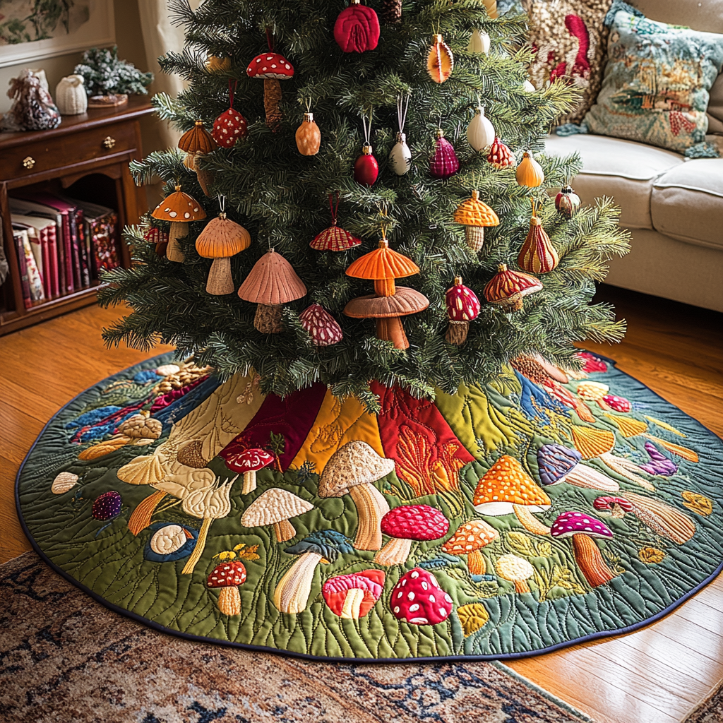 Mushroom Light Christmas Quilted Tree Skirt Beautiful Quilted Tree Skirt Gift for Home Decoration