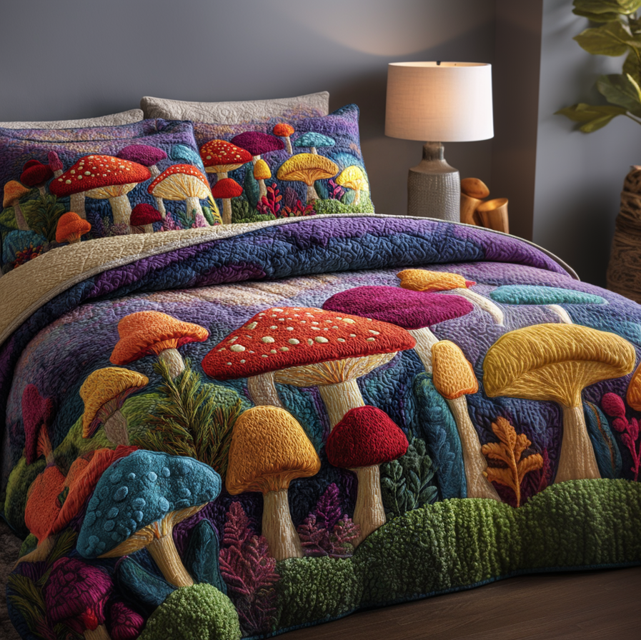 Mushroom Magic Quilted Bedding Set Premium Comforter Set for Restful Nights