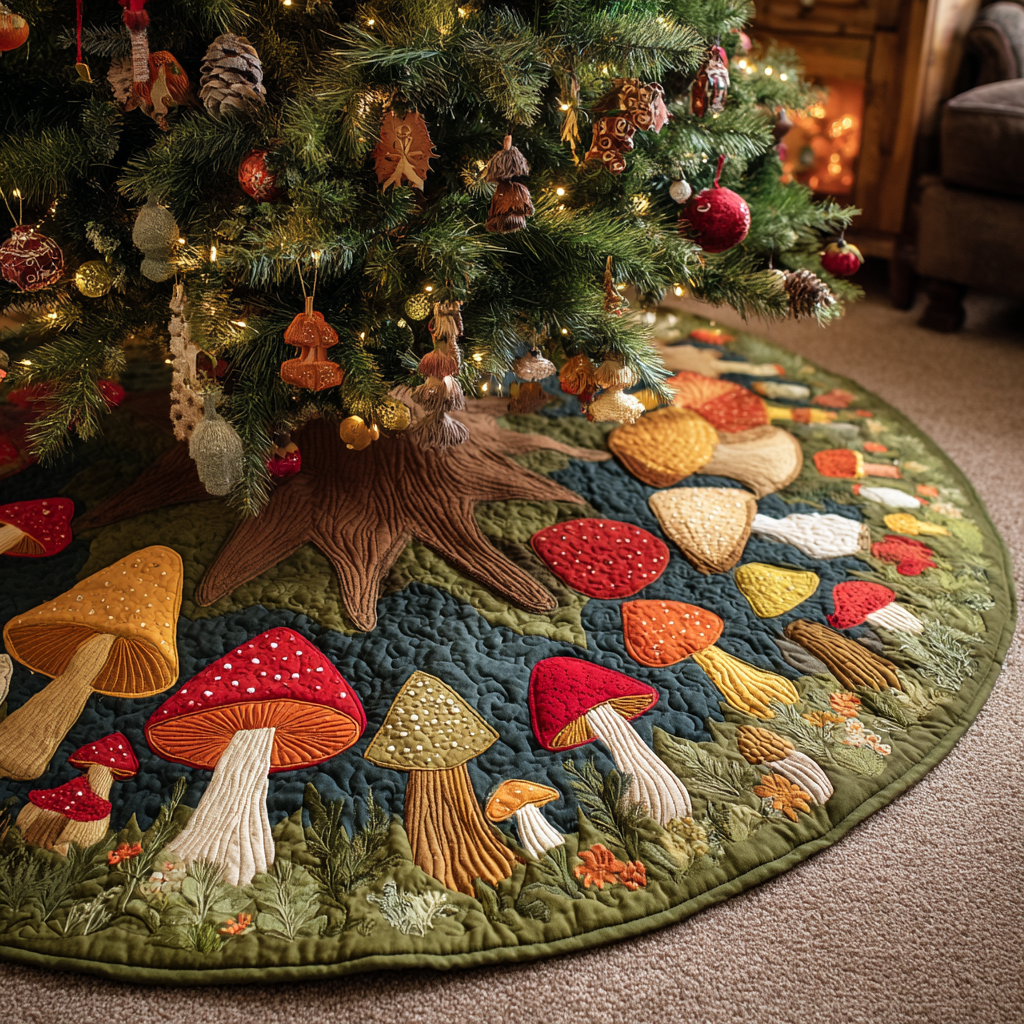 Mushroom Meadow Christmas Quilted Tree Skirt Beautiful Quilted Tree Skirt for Christmas Decoration