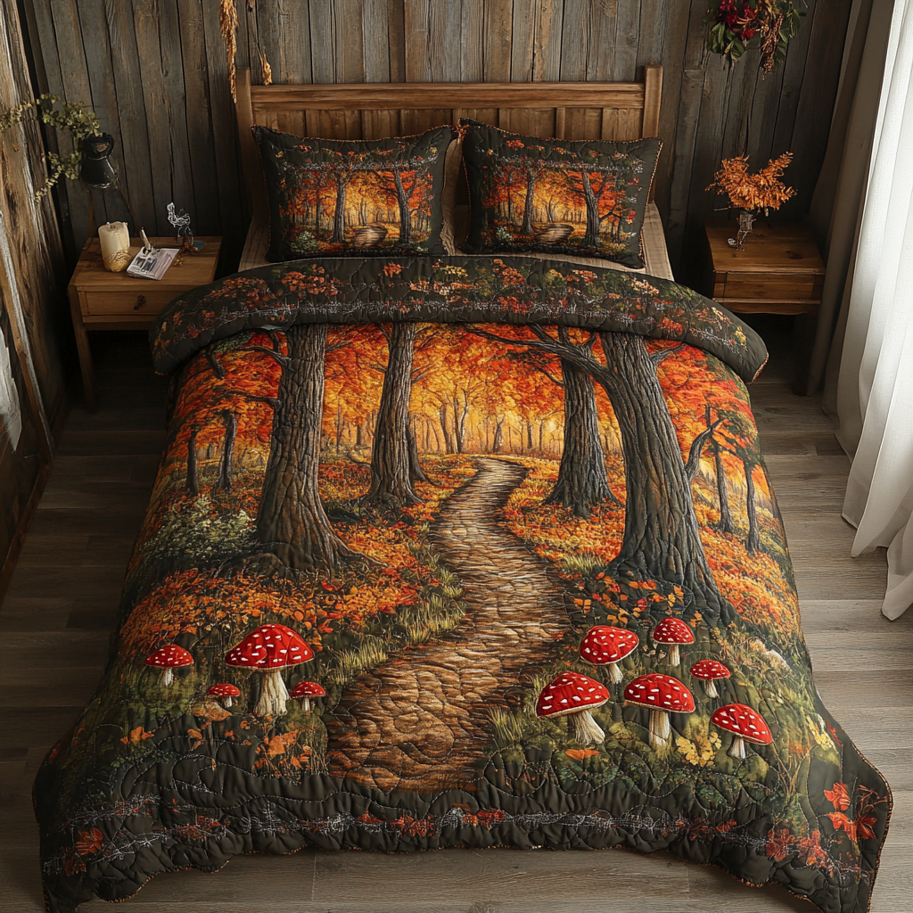 Mushroom Meadow Quilted Bedding Set Autumn Sheet Set Mushroom Lovers Gifts