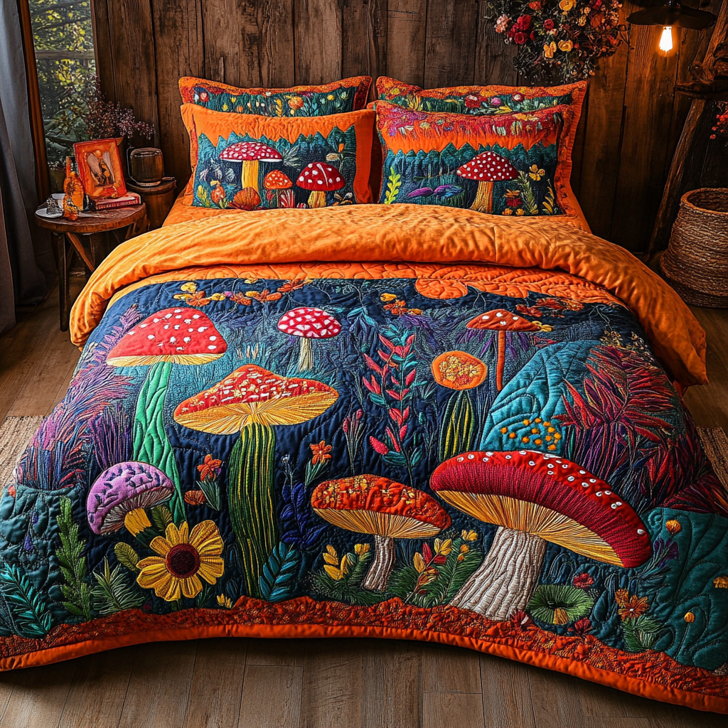 Mushroom Meadow Quilted Bedding Set Bedspread Set Gifts For Hippie Guys