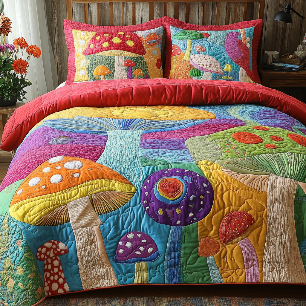 Mushroom Meadow Quilted Bedding Set Best Christmas Duvet Cover Set Gifts For Aging Hippies