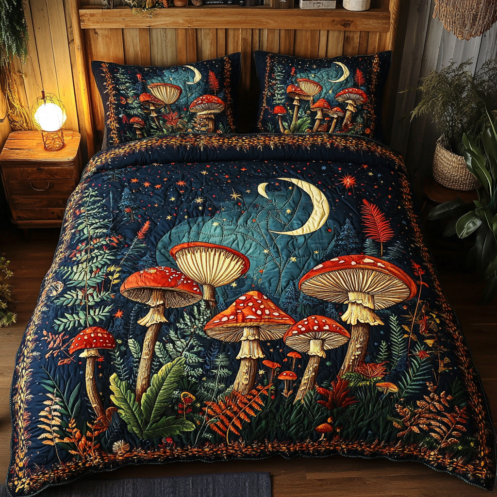 Mushroom Meadow Quilted Bedding Set Best Christmas Duvet Cover Set Gifts For Aging Hippies